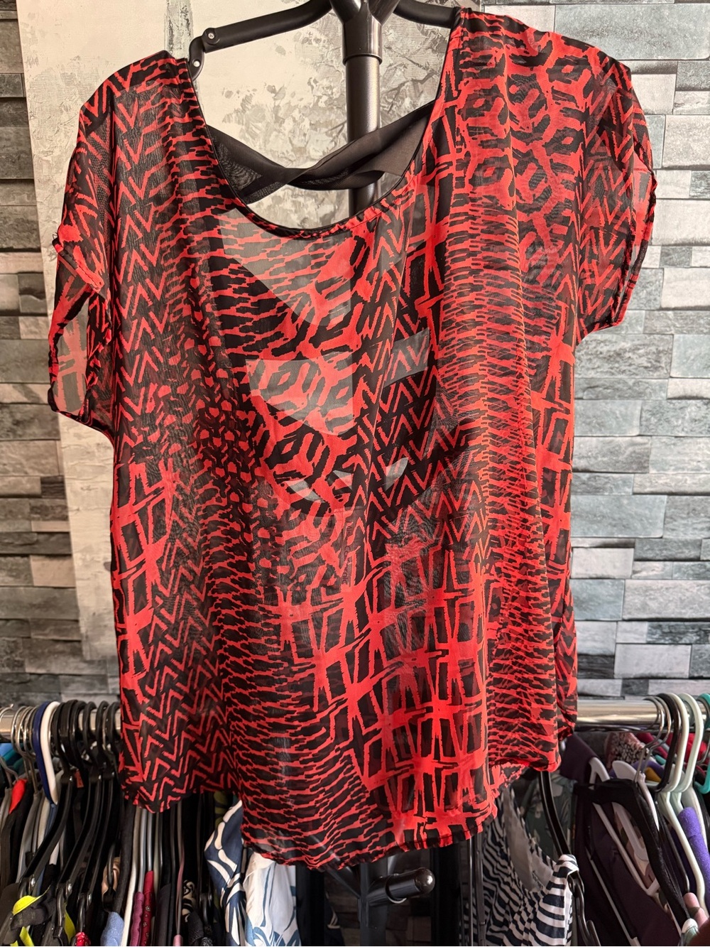 Red Black Sheer Patterned Women’s Top